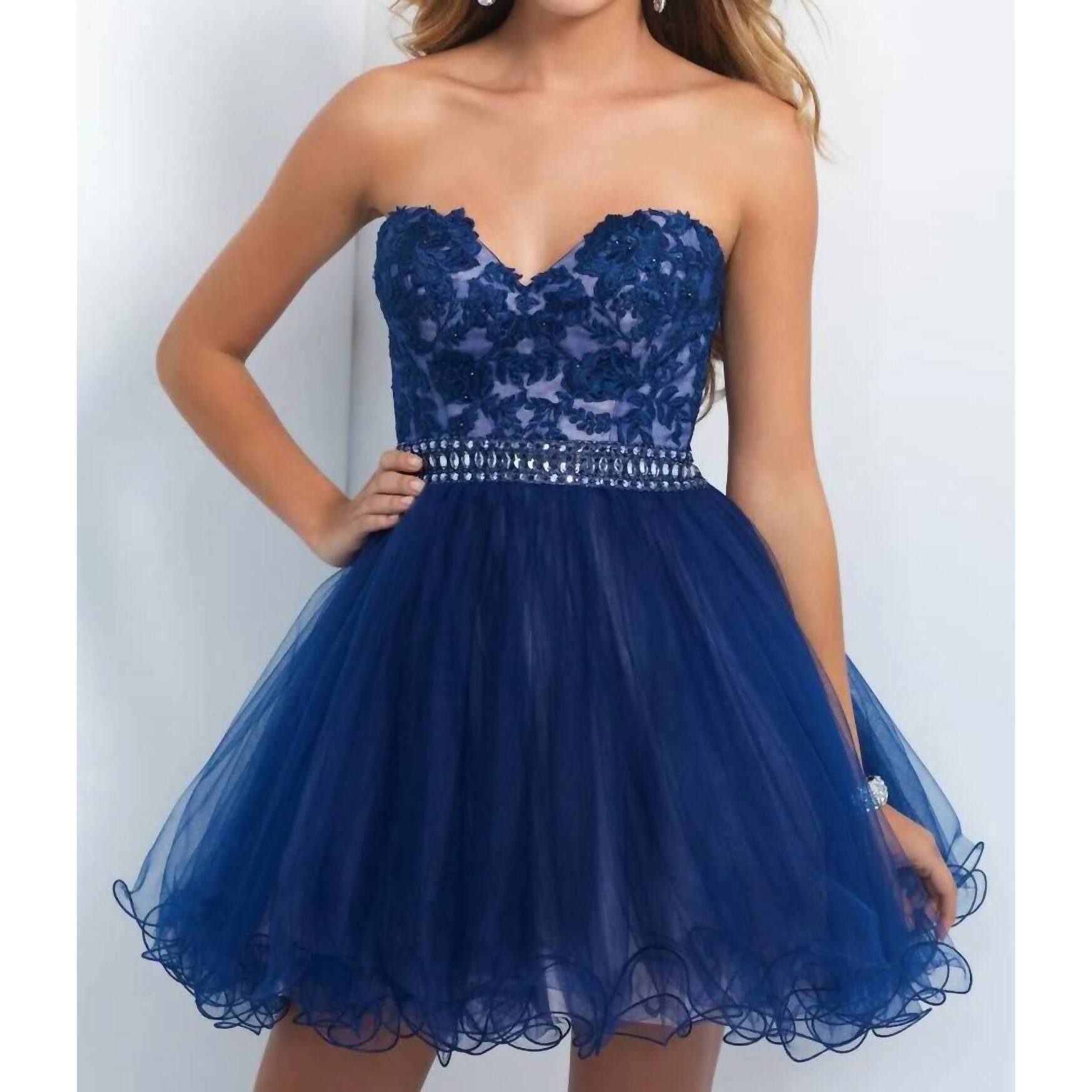 New Blush Prom Embroidered Baby Doll Cocktail Dress In Navy